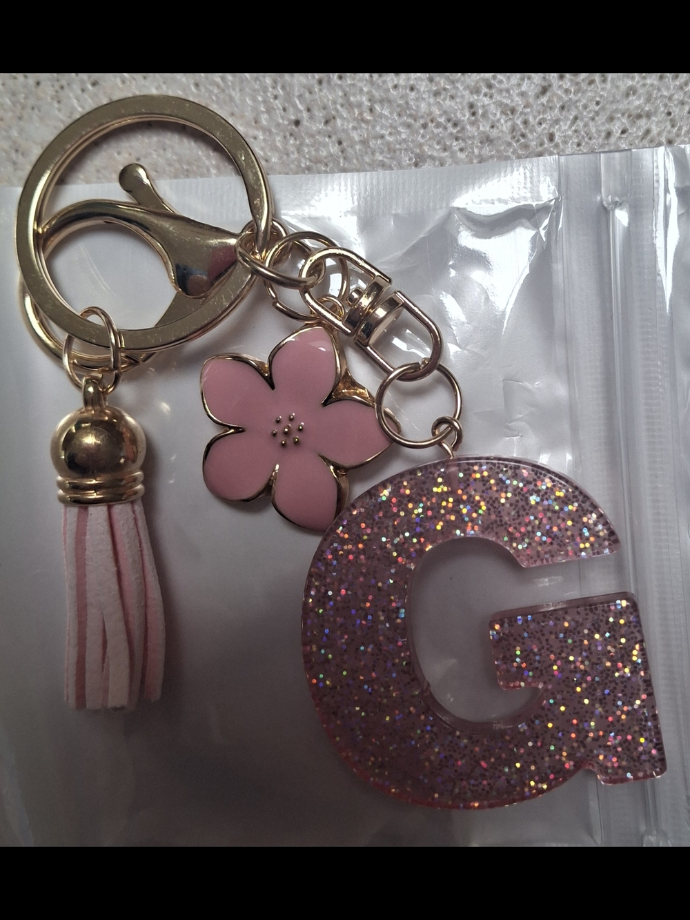 Gold-Tone Pink Glitter 'G' Initial Keychain with Pink Flower and Tassel